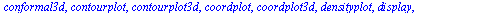 [animate, animate3d, animatecurve, arrow, changecoords, complexplot, complexplot3d, conformal, conformal3d, contourplot, contourplot3d, coordplot, coordplot3d, densityplot, display, dualaxisplot, fiel...
